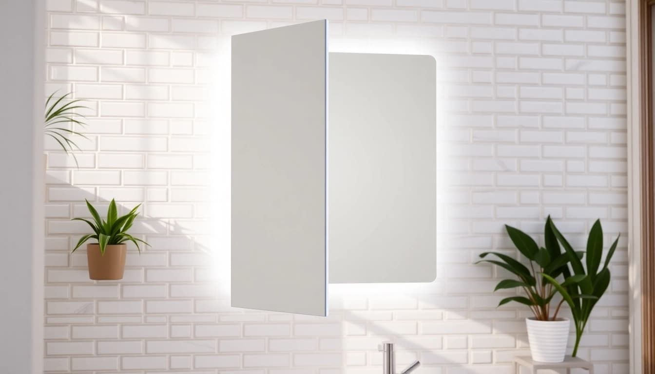 Stylish bathroom cabinet with mirror and light enhancing modern bathroom decor.