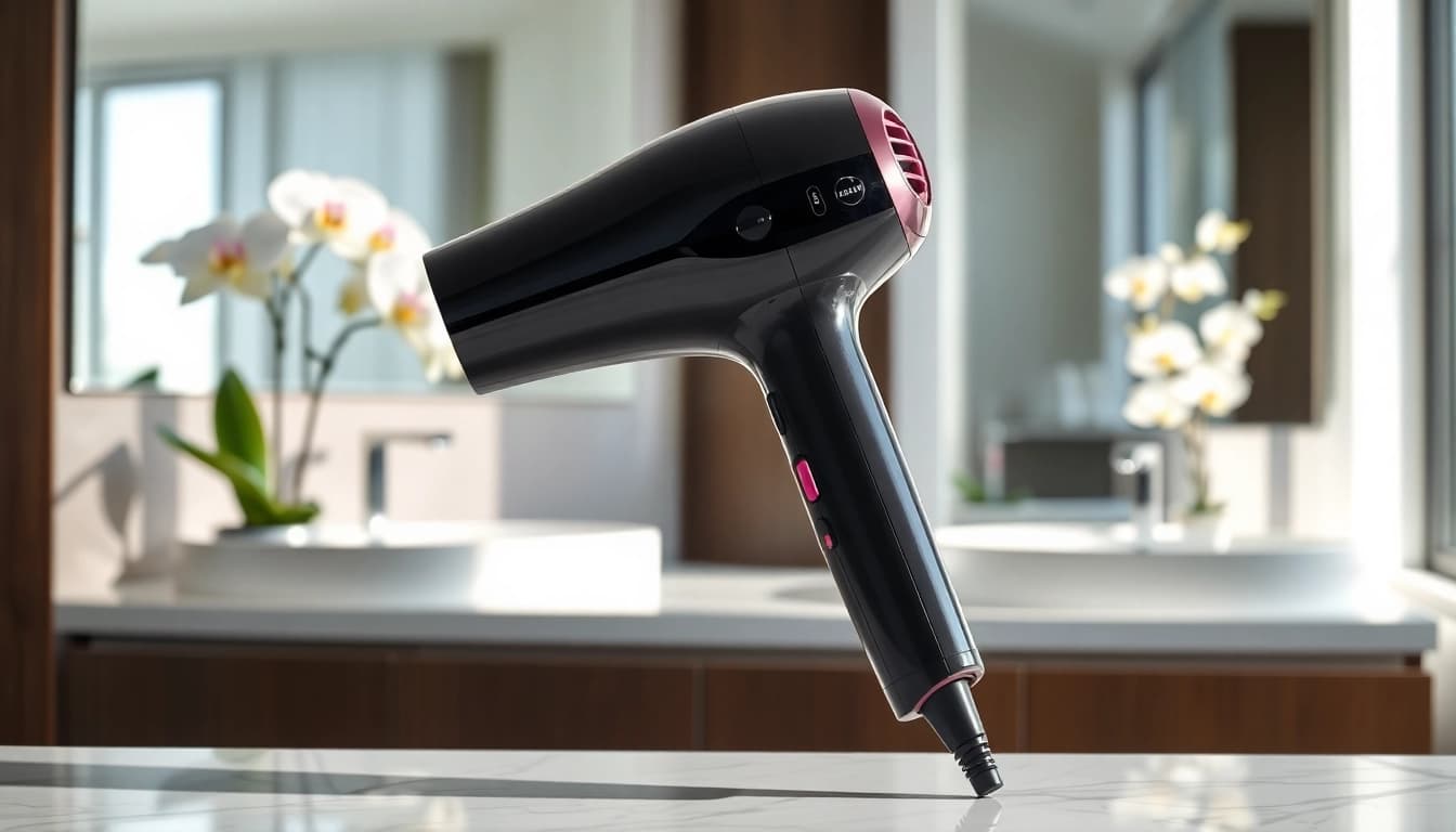 Using an ionic blow dryer for a sleek, shiny finish on hair in a bright, modern bathroom.