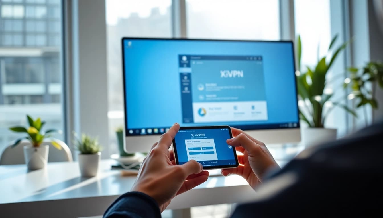 现代办公室场景中的快连VPN应用界面，象征安全连接。