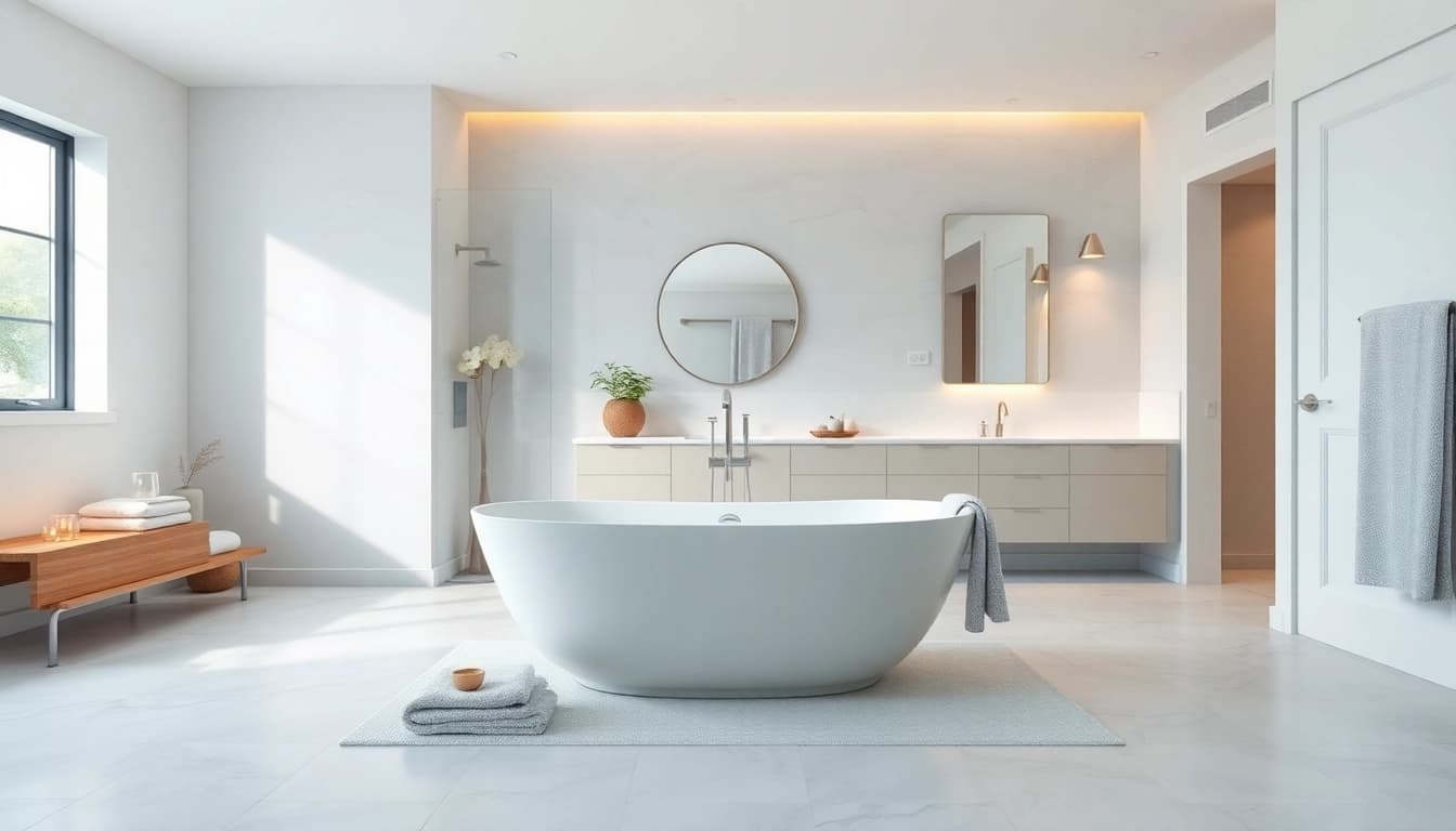 View of modern bathroom renovation cost highlighting a stylish bathtub and elegant decor.