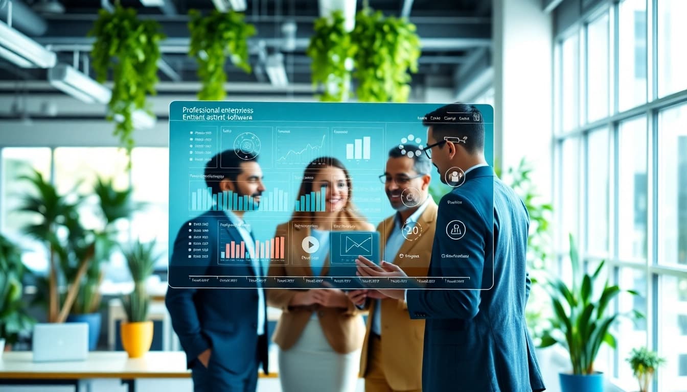 Showcase of enterprise assistant software enhancing teamwork in a vibrant office setting.