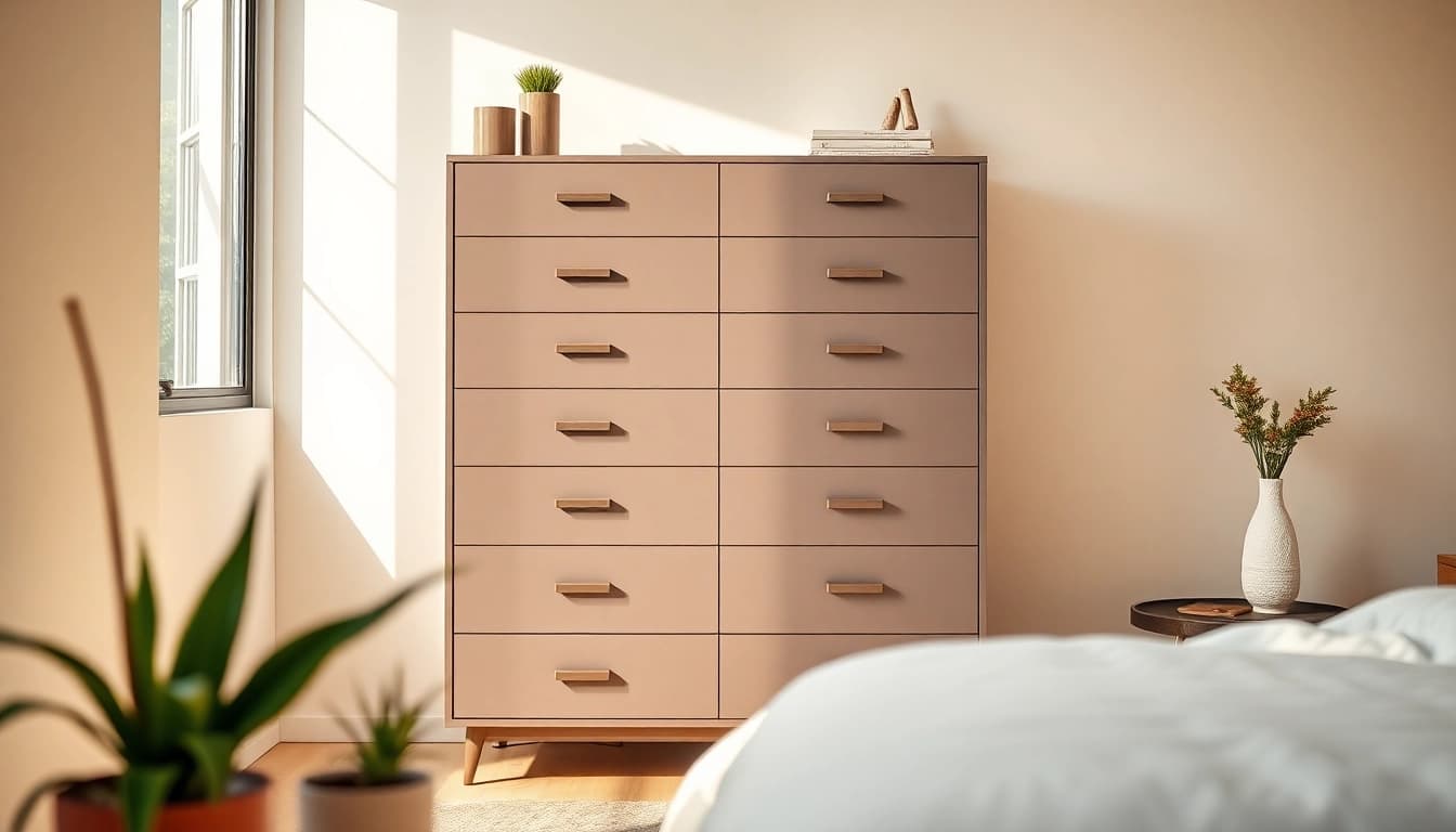 Showcase a modern chest of drawers with sleek design and stylish accents in an inviting setting.