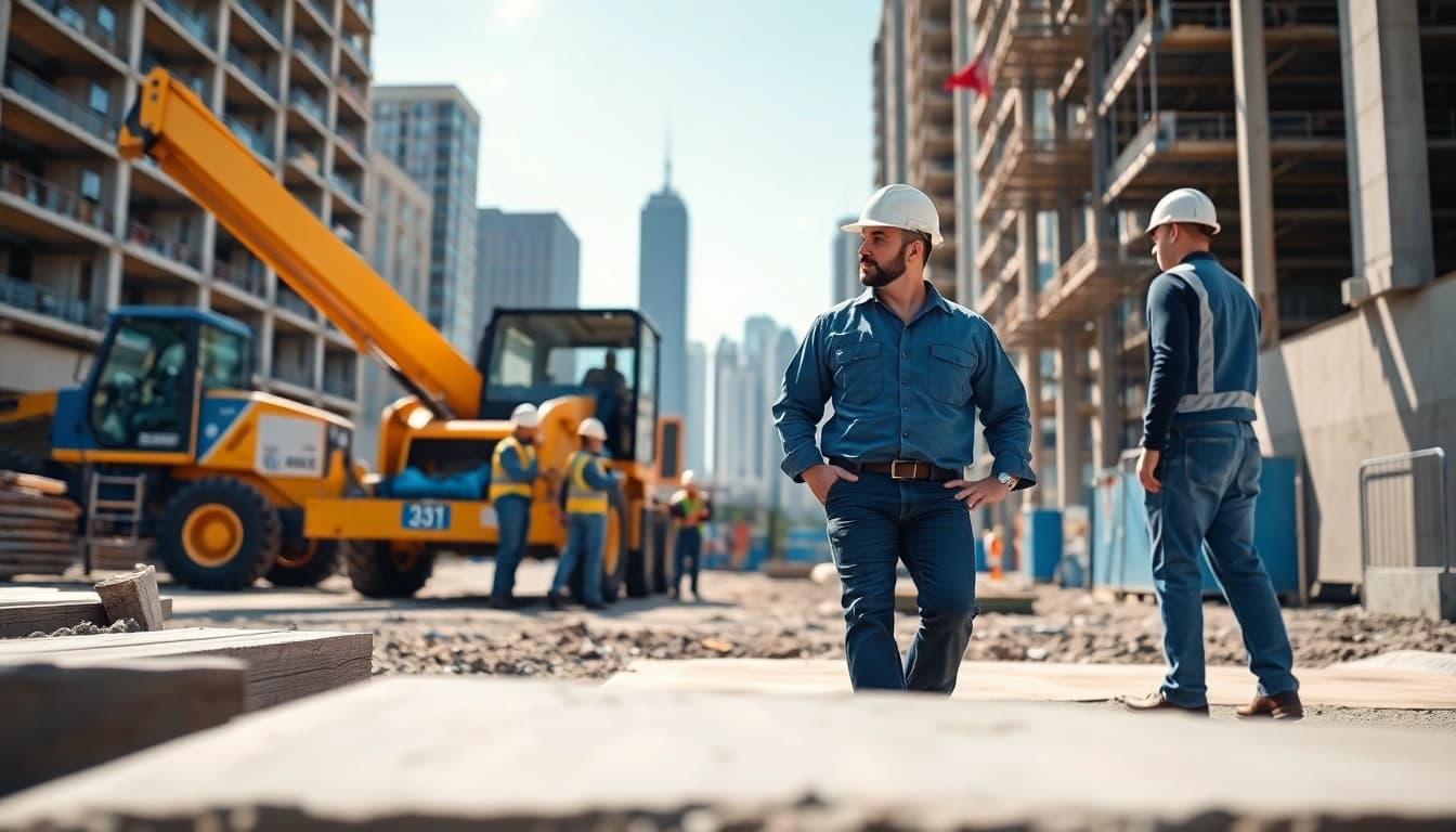 New Jersey General Contractor supervising a bustling construction site with adept workers and machinery.