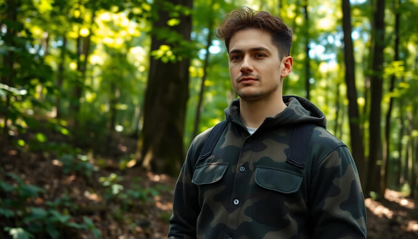 Model met goedkope camouflage print in een bosrijke omgeving.