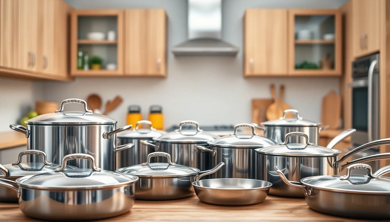 Showcasing cookware beautifully arranged in a modern kitchen setting with natural light.