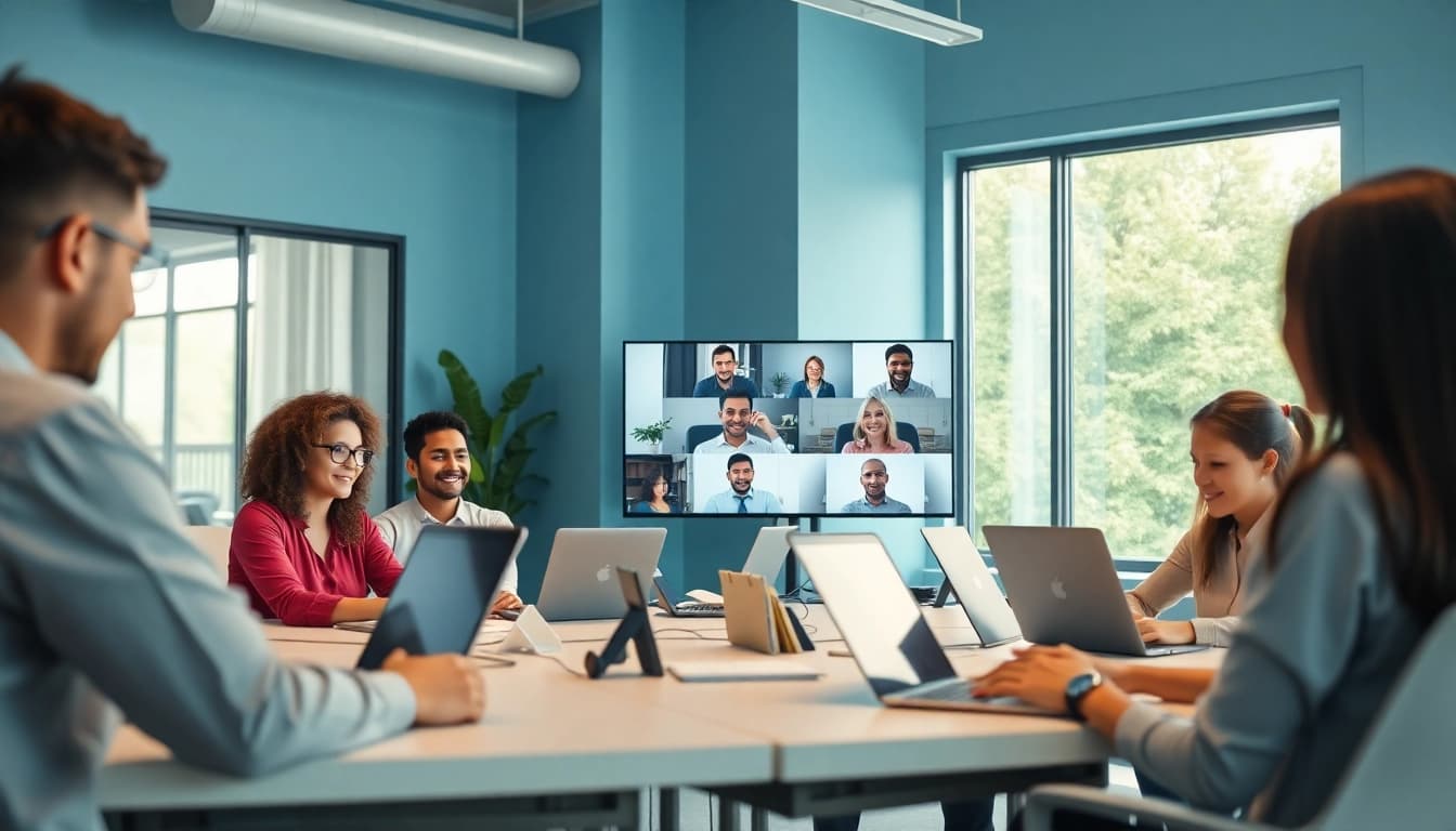 Team collaborating using cloud phone systems for small business in a modern office setting.