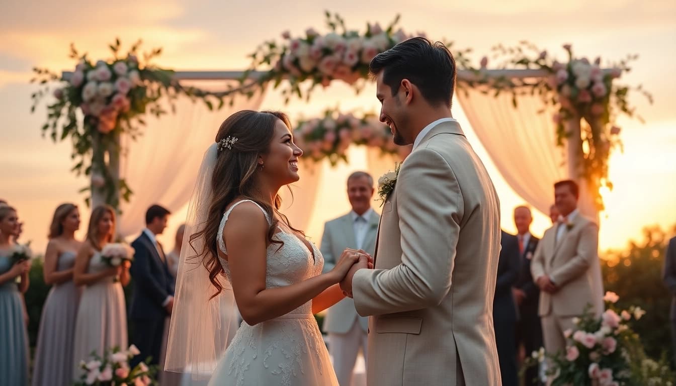 Stunning wedding photography in Tampa, FL, showcasing a couple during their sunset ceremony, surrounded by lush greenery and joy.