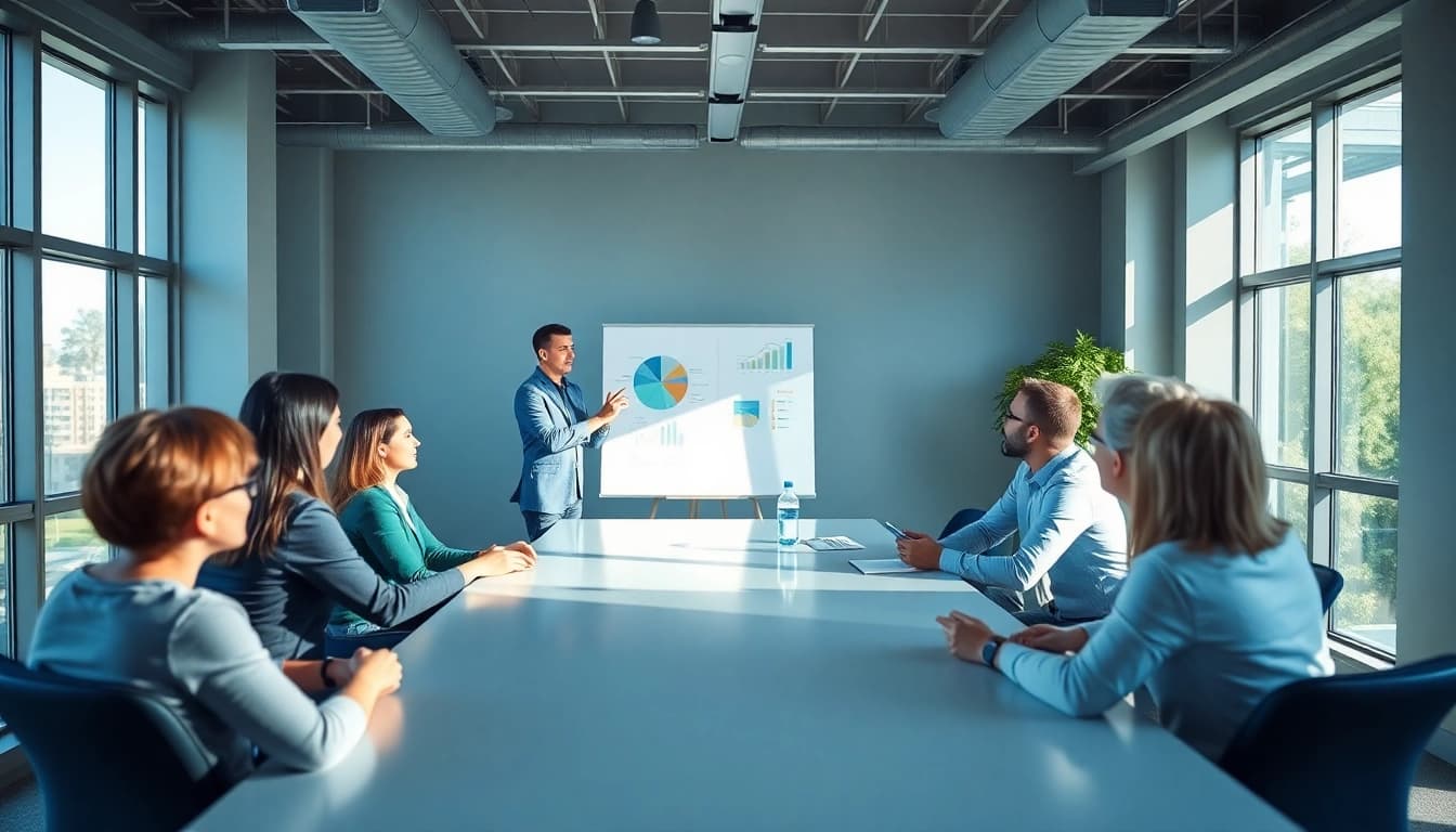 Engaging group session for a business coaching service in a collaborative office setting.