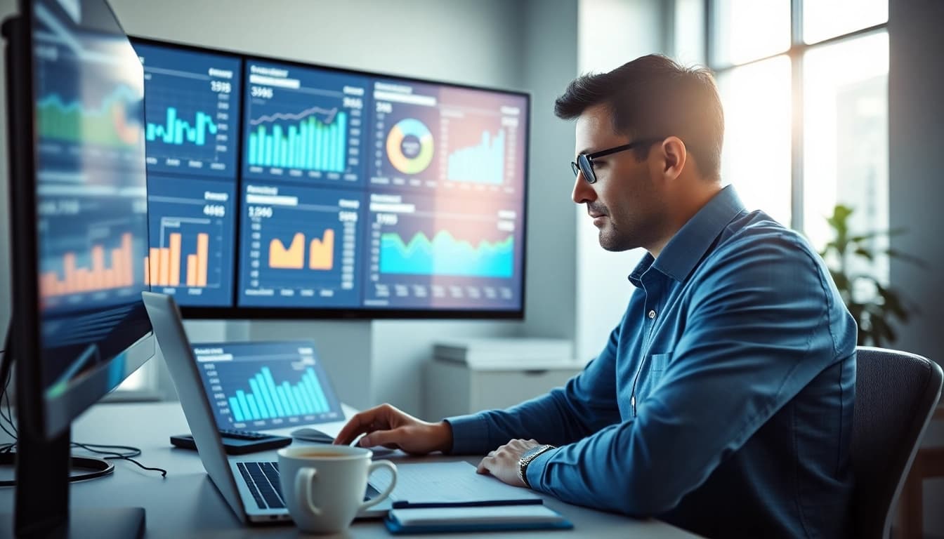 Analyze data to find competitor pricing with focused professional at a digital dashboard.