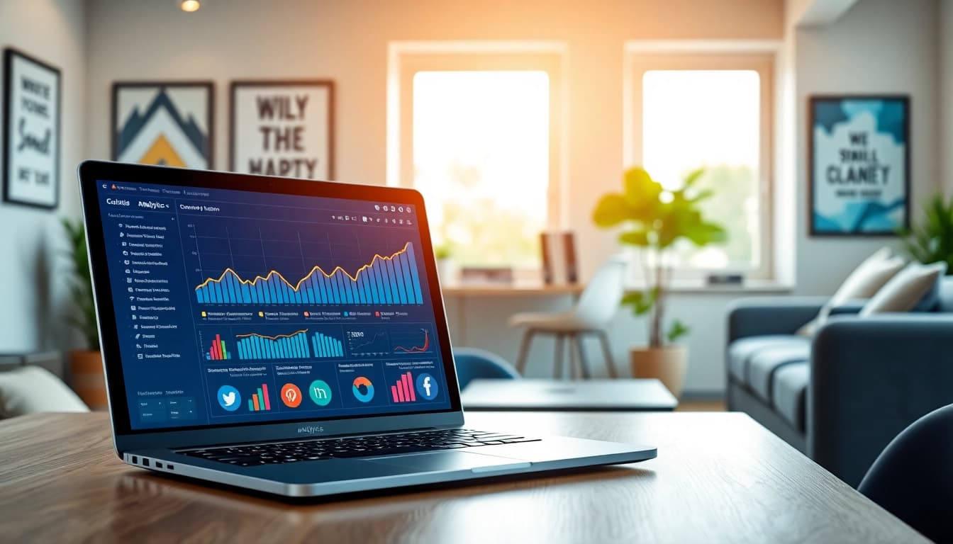Graphic illustrating a cheap smm panel with analytical data on a laptop in a modern office.