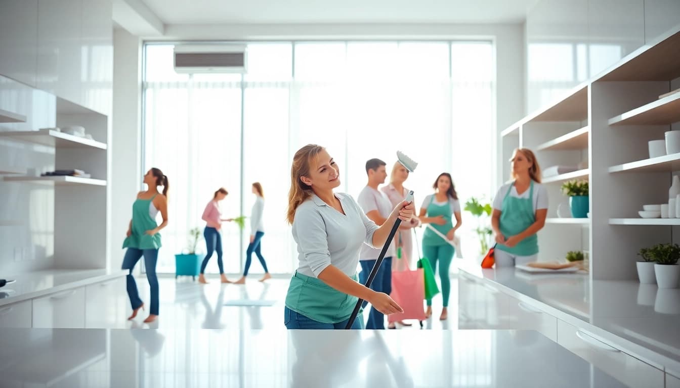 Cleaning Service team efficiently tidying a bright home, showcasing sparkling surfaces and professional teamwork.