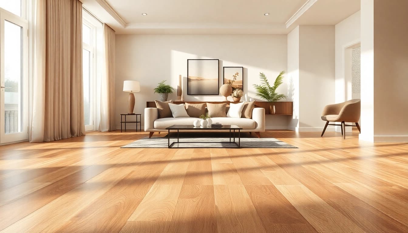 Carrelage imitation parquet dans un salon moderne avec une décoration élégante.