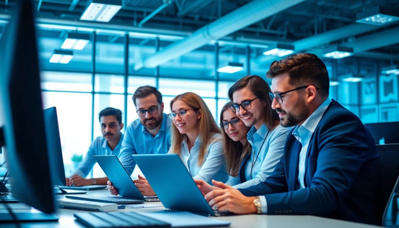 Engaged professionals in a modern workspace showcasing managed IT services near me.