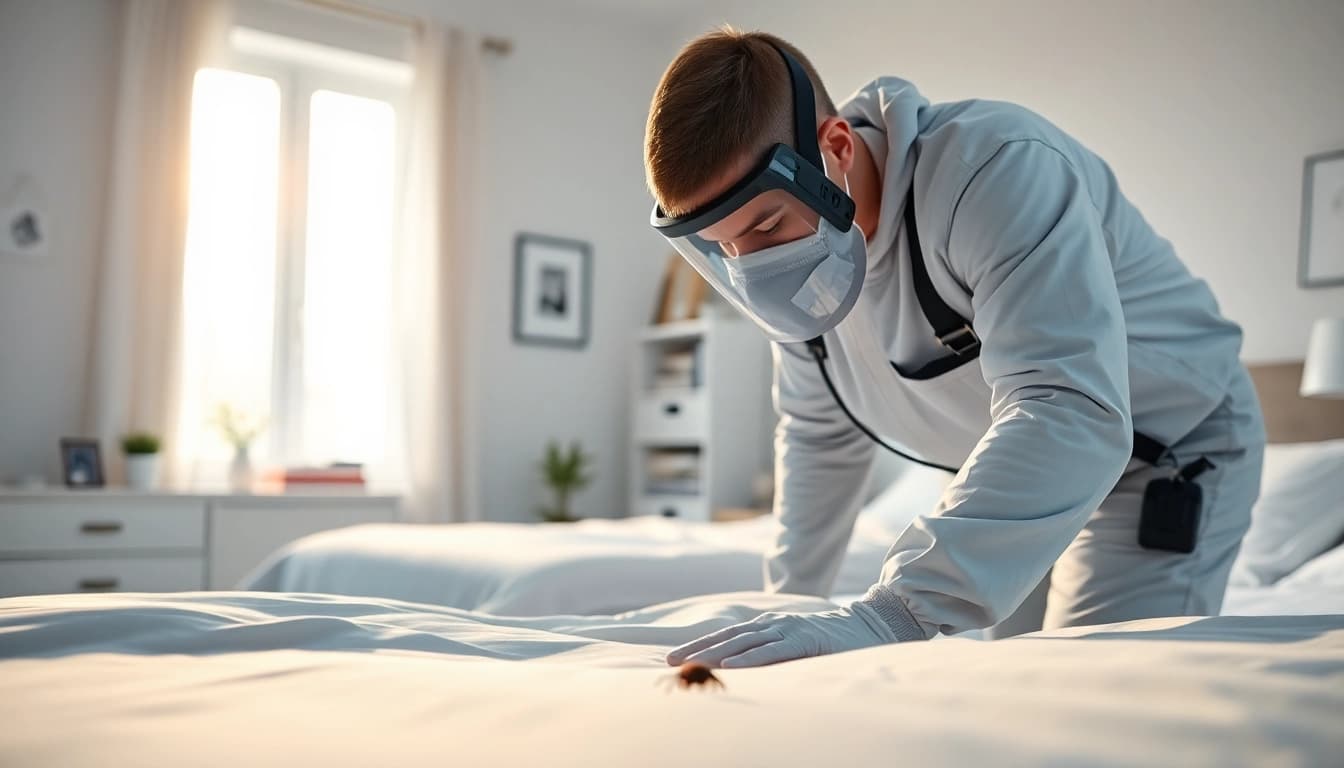 Expert bed bug exterminator waukesha inspecting a bedroom for infestation signs.