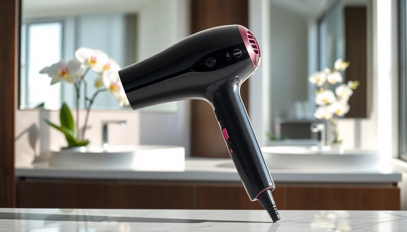 Using an ionic blow dryer for a sleek, shiny finish on hair in a bright, modern bathroom.
