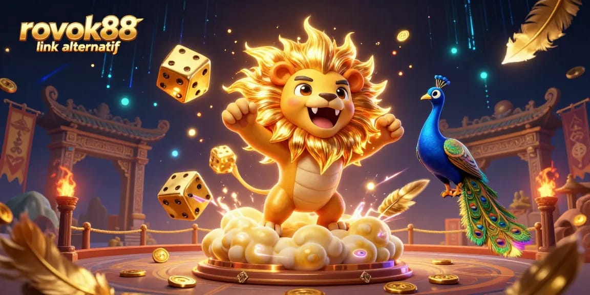 Experience the thrill of rokok88 link alternatif in a vibrant casino scene filled with golden dice and roaring lion.