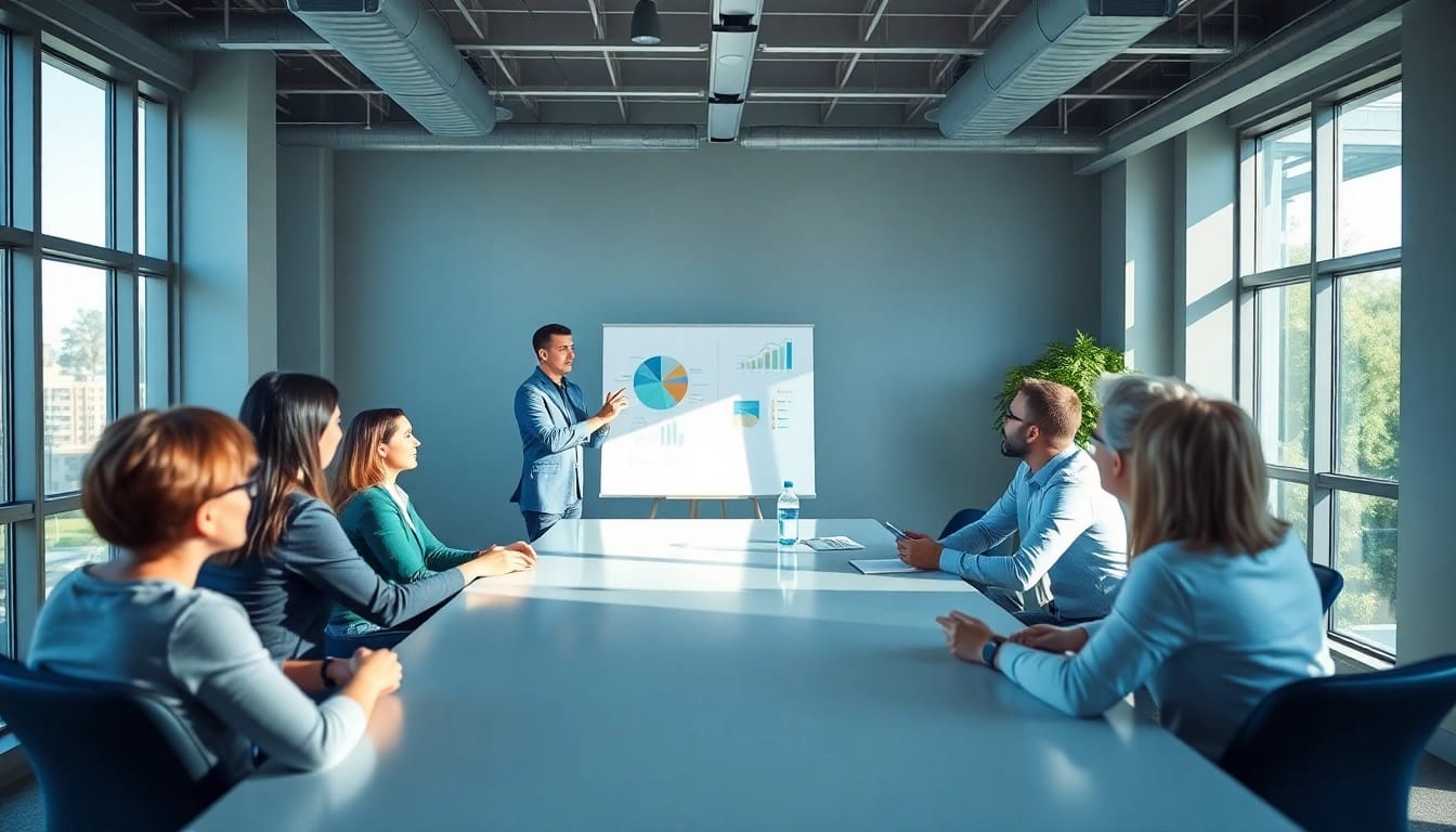 Engaging group session for a business coaching service in a collaborative office setting.