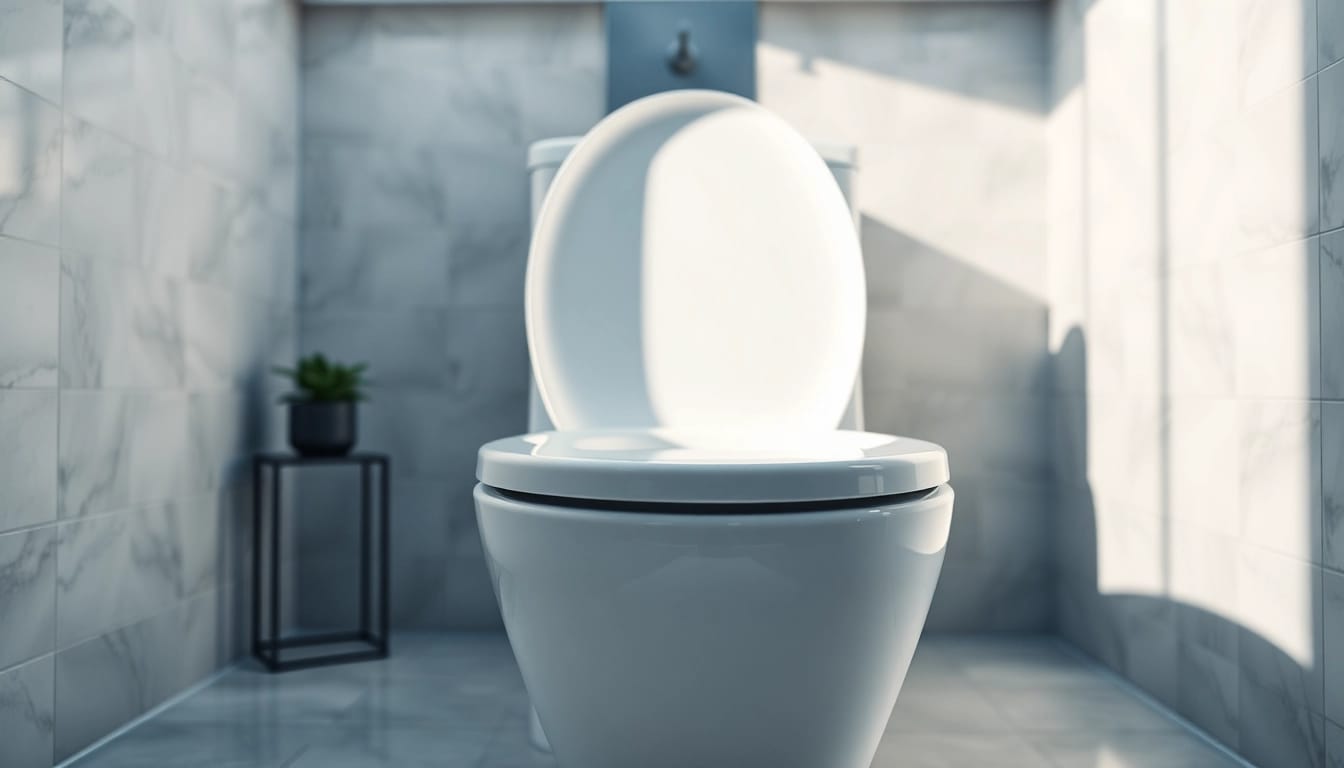 Illustra il copri wc elegante e moderno in un bagno ben illuminato.