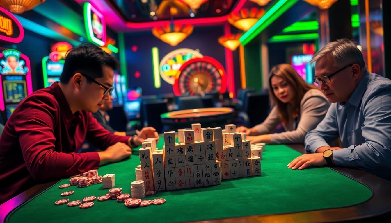 Players enjoying a thrilling game of link mahjong at a vibrant casino table filled with poker chips and Mahjong tiles.