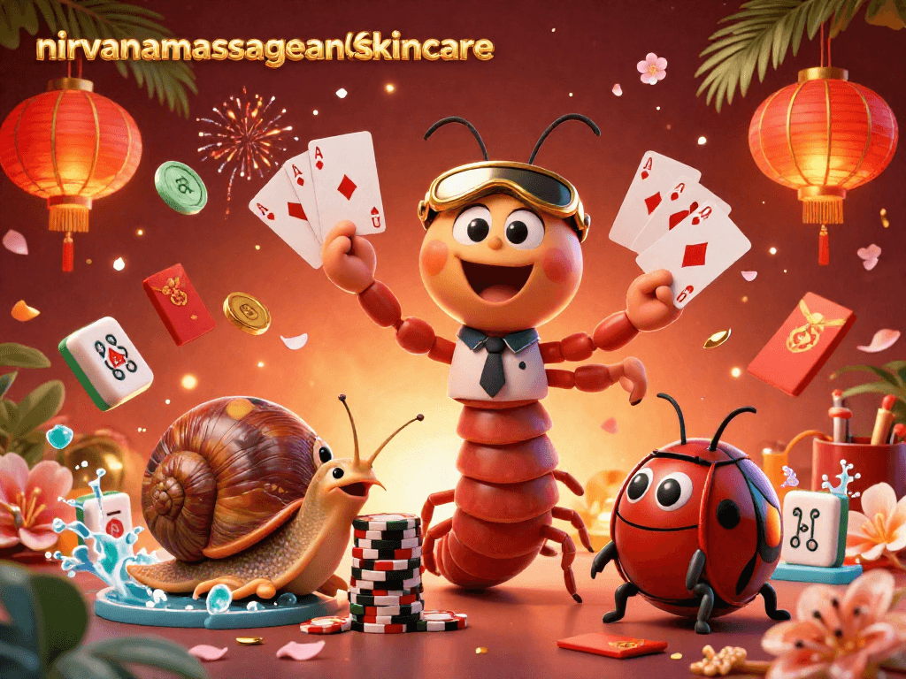 Nirvanamassageandskincare features a lively casino scene with a cartoon millipede dealer and a snail high-roller surrounded by 3D mahjong tiles and golden decorations.