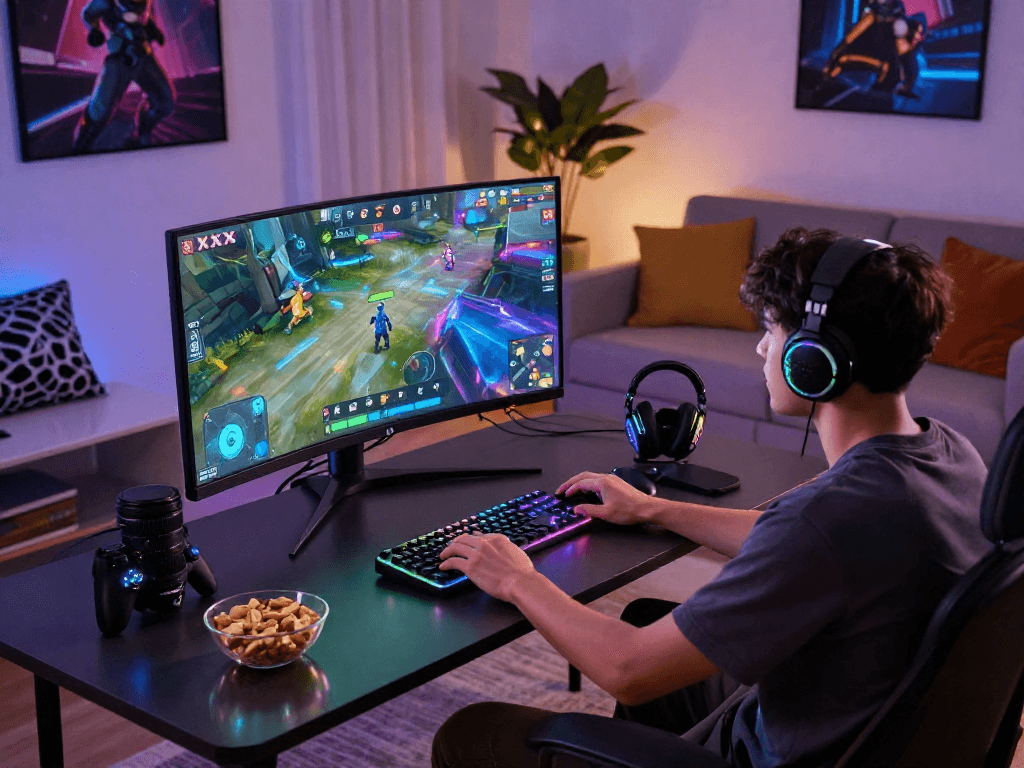 Engaged gamer playing an xxx game on a modern setup with vibrant graphics.