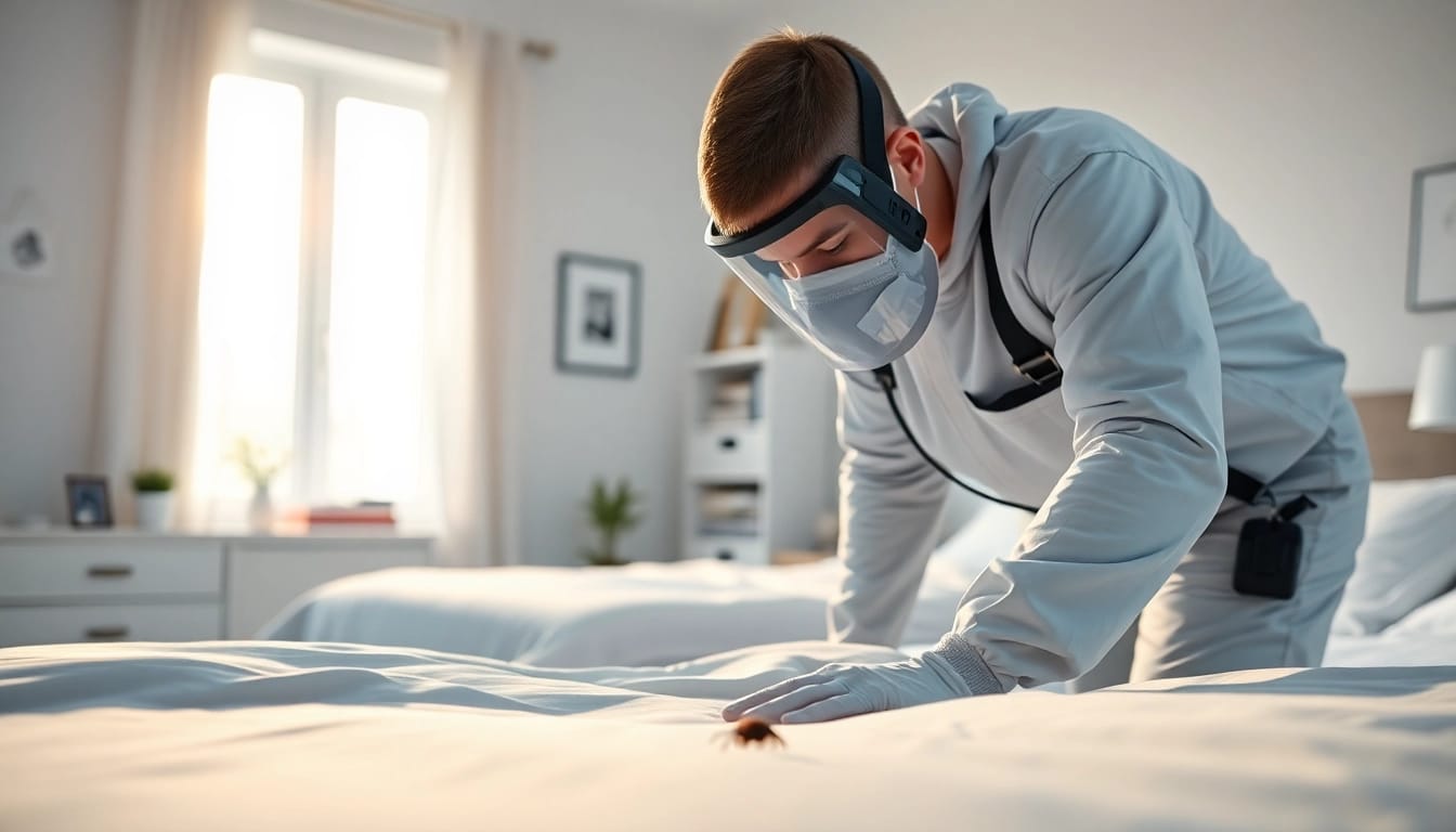 Expert bed bug exterminator waukesha inspecting a bedroom for infestation signs.