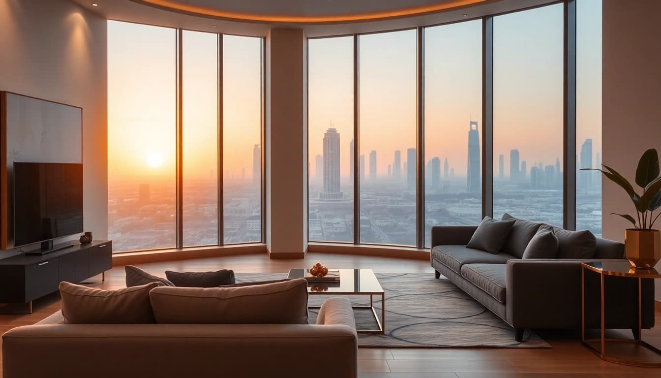Showcasing a modern interior design dubai apartment with elegant decor and furniture setup.