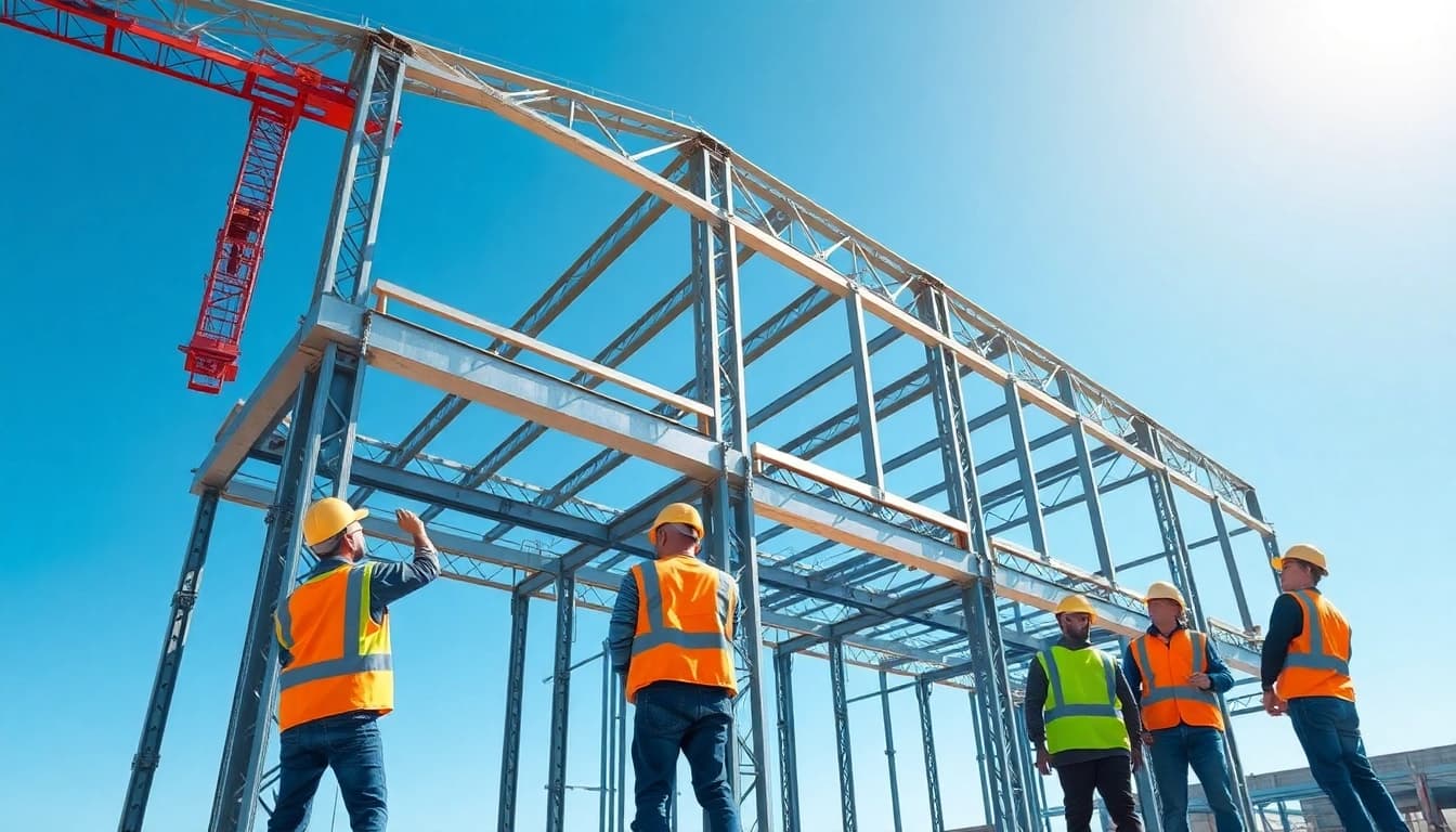 Laborers performing structural steel installation on a construction site, showcasing precision and safety.