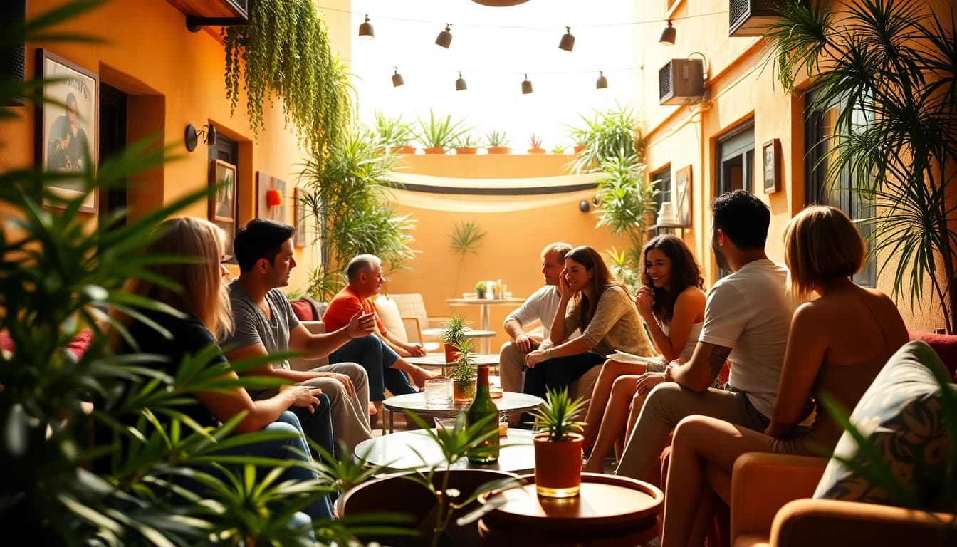 Les membres d'un cannabis social club espagne se détendent ensemble dans un cadre chaleureux.