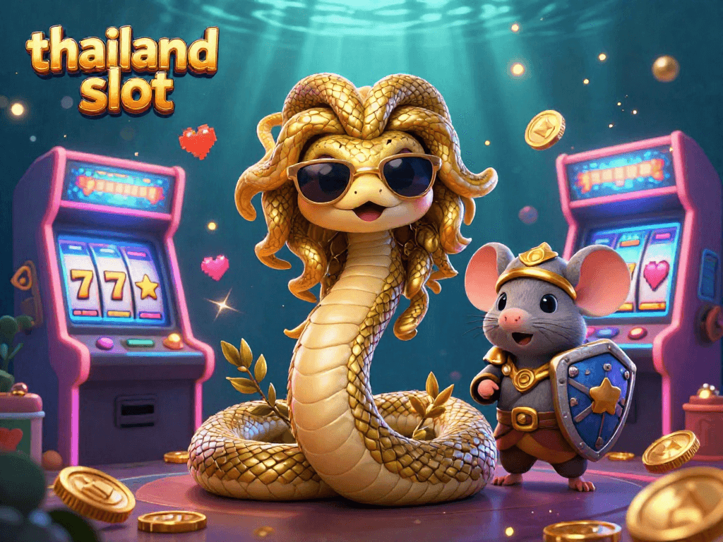 Engage with vibrant thailand slot gameplay featuring a friendly Medusa and warrior mouse in a lively casino.