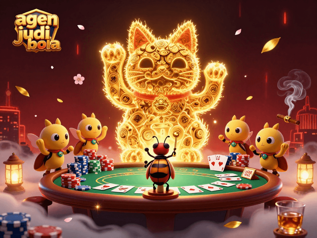 Experience exciting agen judi bola moments with a golden lucky cat and vibrant casino elements.