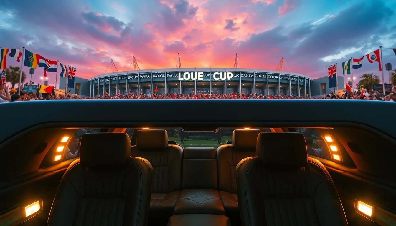 World Cup Group Transportation with a luxury limousine in Los Angeles, showcasing a vibrant atmosphere.