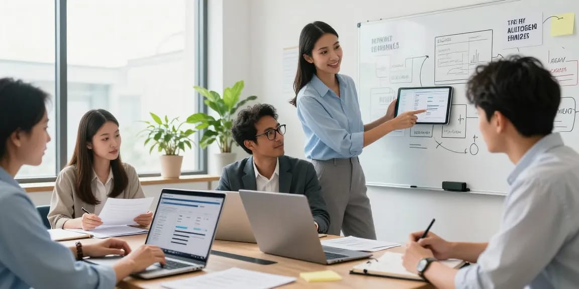 Team members collaborate while applying for merchant cash advance in a modern office.