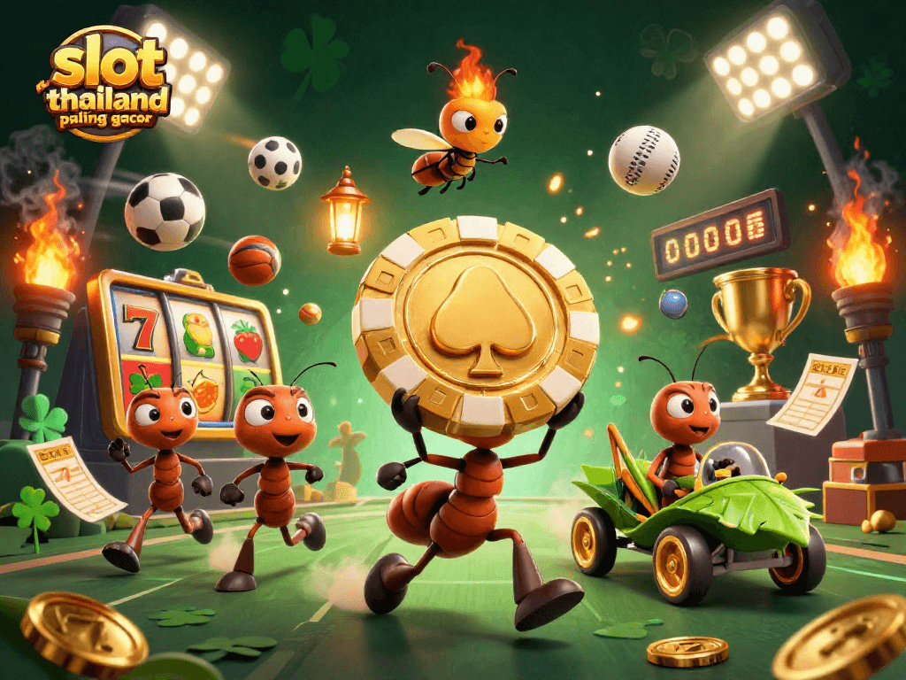 Join the fun with slot thailand paling gacor, featuring playful ants with a giant poker chip in a vibrant casino heist!