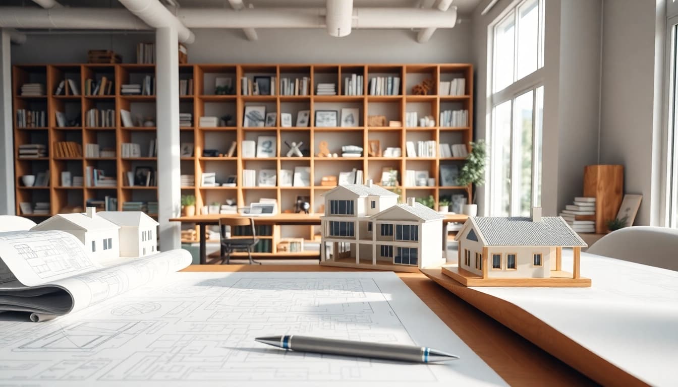 Showcasing Custom residential architecture services with detailed blueprints and a bright workspace environment.