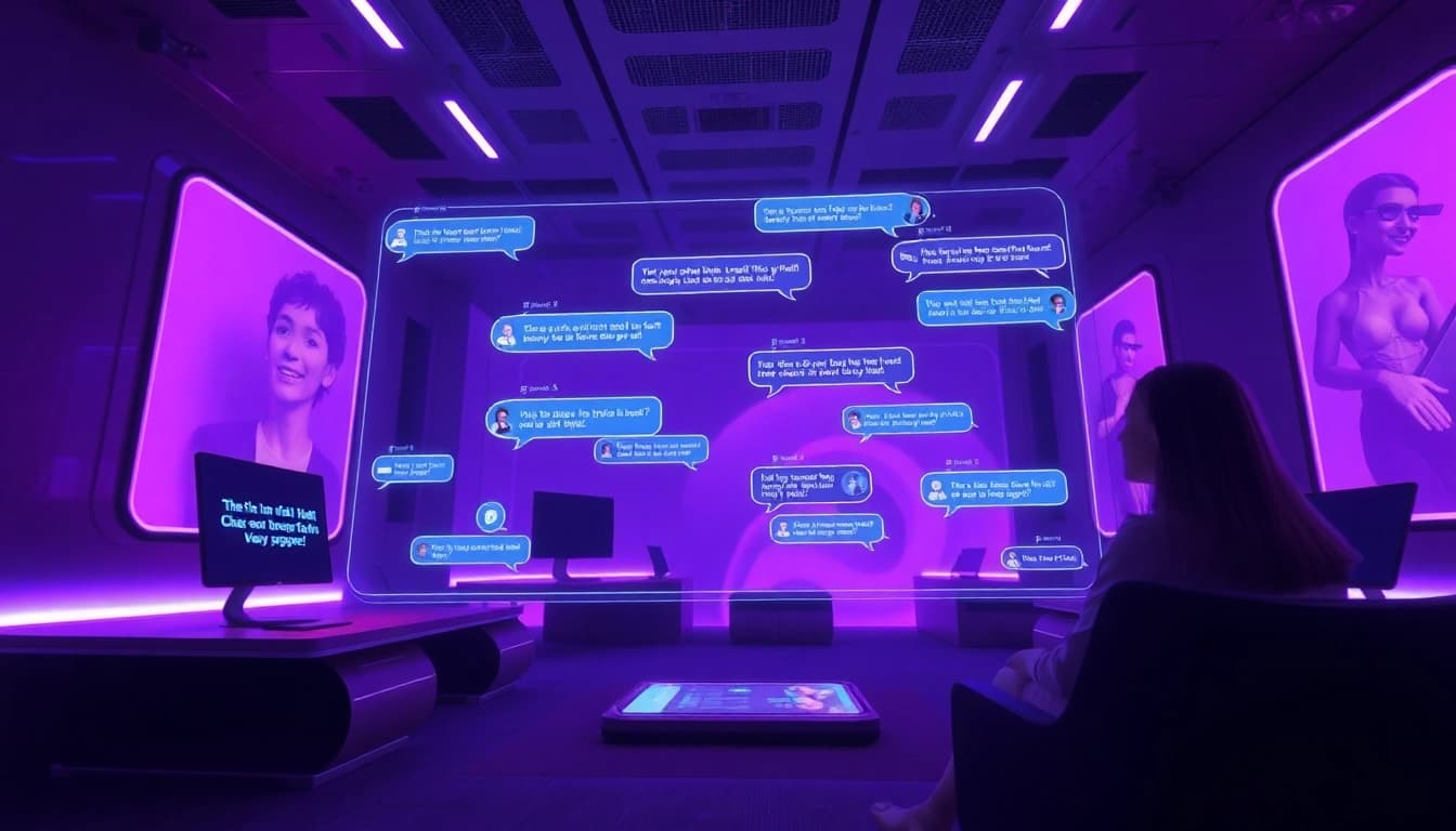 Engage with NSFW AI chat in a futuristic digital space with interactive characters.