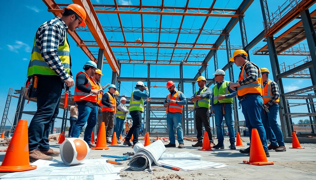Workers performing structural steel installation on a construction site with precision and teamwork.