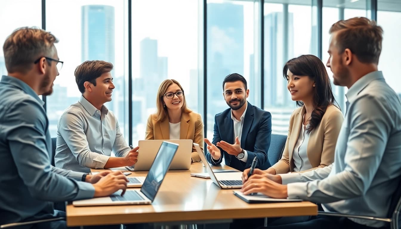 Captivating scene of recruiters evaluating how to hire top sales talent in a modern office.
