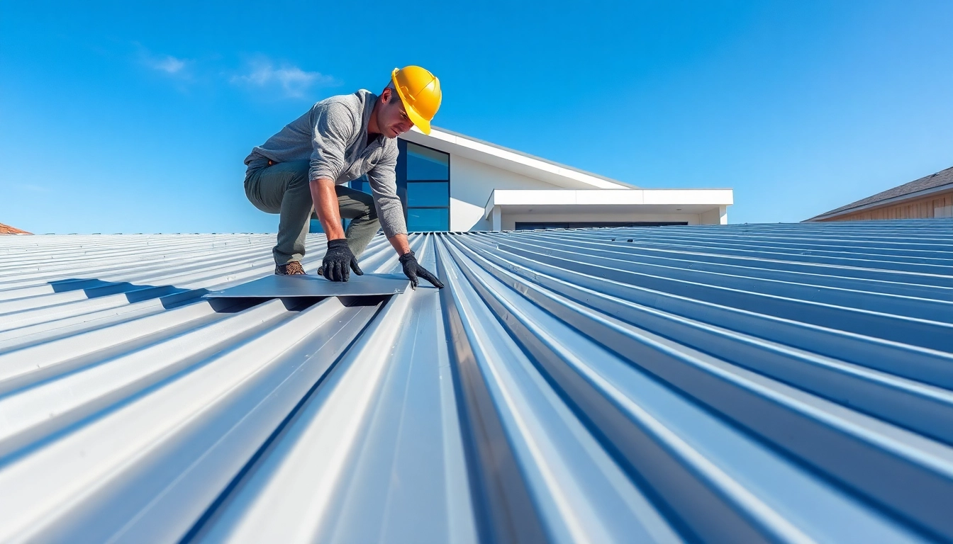 Worker installing metal roofing calgary on a modern home with strong materials and bright sky.