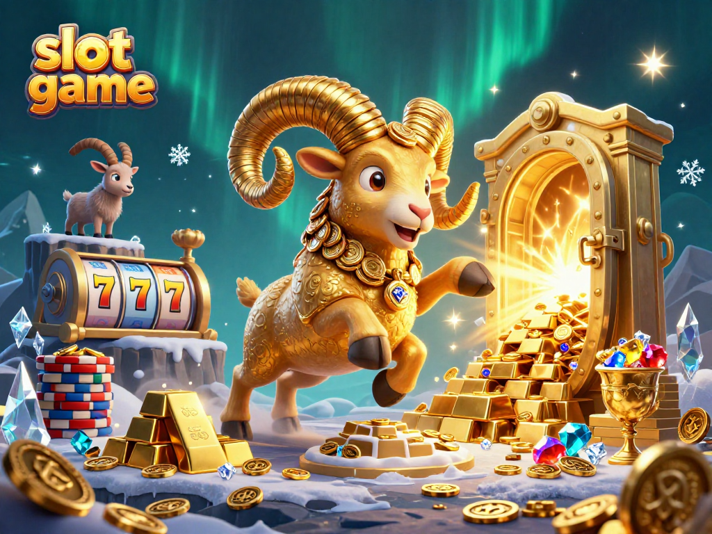 Experience thrilling moments in a slot game with massive golden ram and treasure elements.
