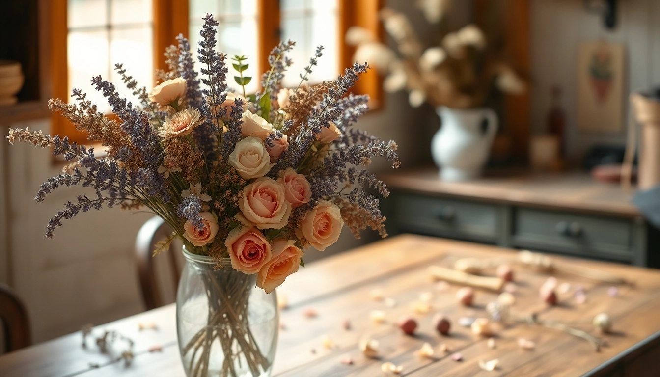 Dried Blooms arranged beautifully in a vintage vase on a rustic table.