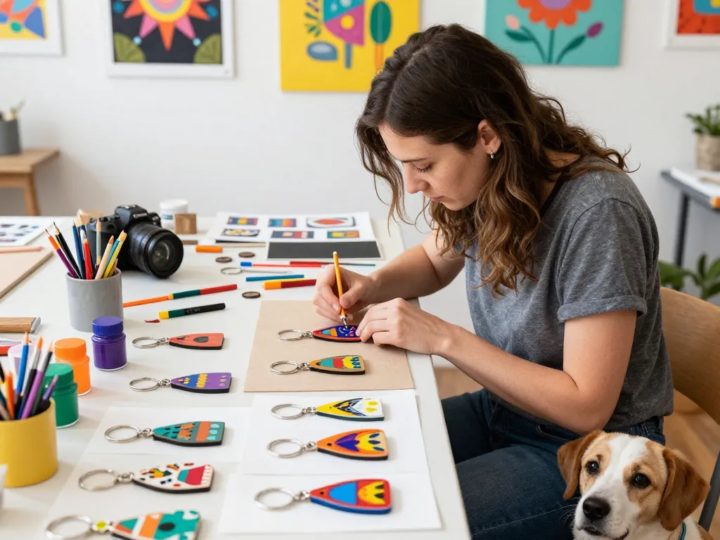 Customized keychains being crafted in a creative workshop with colorful materials and tools.