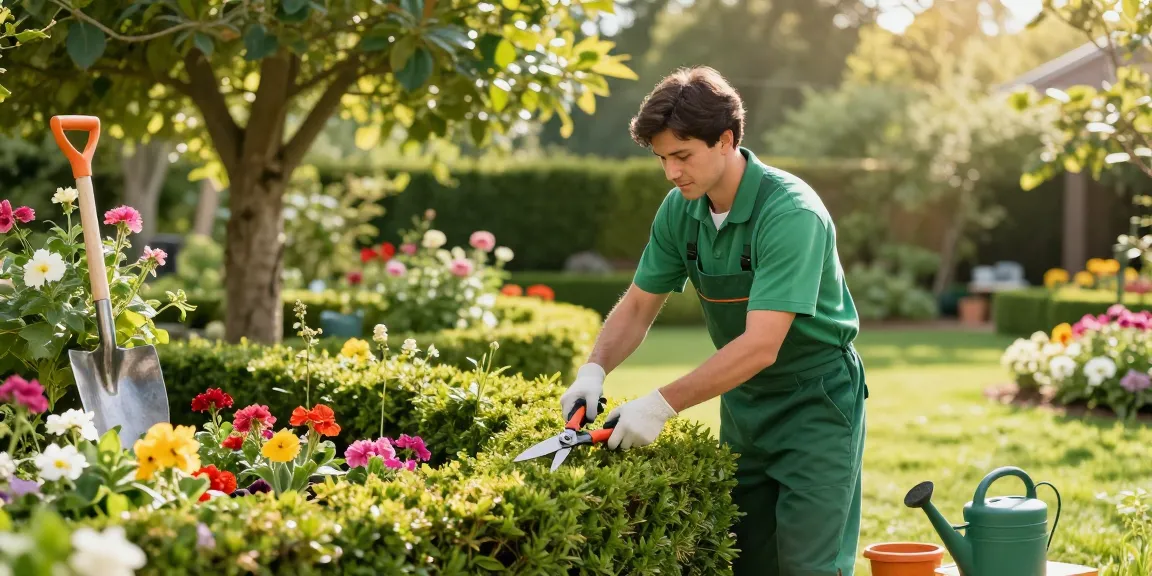 Professional garden maintenance in action with a gardener pruning hedges amid vibrant flowers.