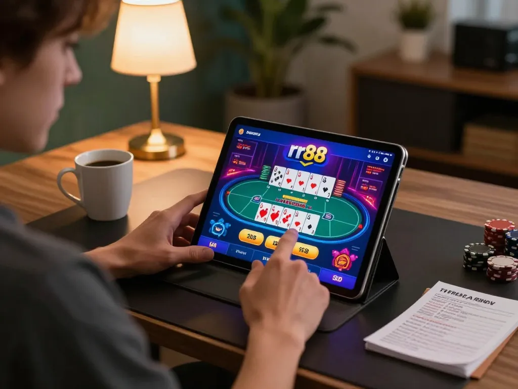 Person using rr88 mobile app for online gaming, focusing on poker table interface at modern desk.