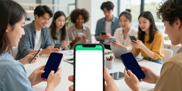 Users engaging with 预测市场 app swiping opinions on events in a vibrant urban setting.