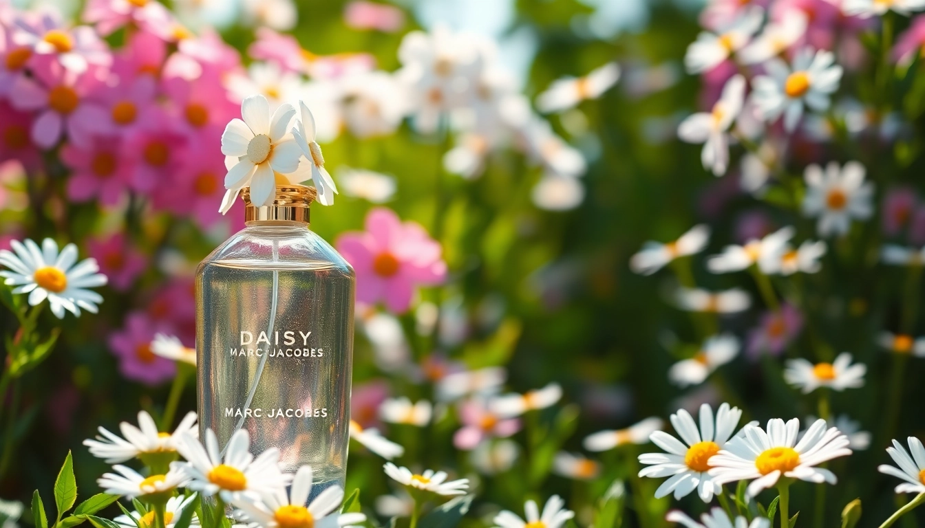 Daisy Marc Jacobs Eau de Toilette bottle in a vibrant garden, surrounded by blooming daisies.