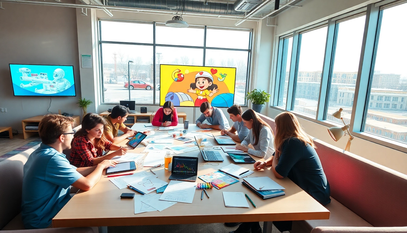 Animation Studio Berlin zeigt kreative Teamarbeit mit Skizzen und Tablets.