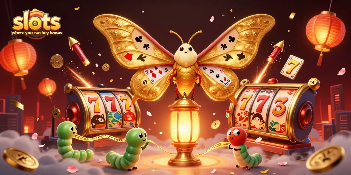 Engage with slots where you can buy bonus in this vibrant scene featuring a majestic moth and dynamic gaming elements.