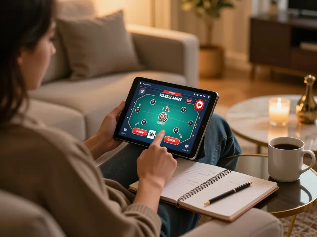 Online poker gaming on TR88 tablet with betting strategies in a cozy home setting
