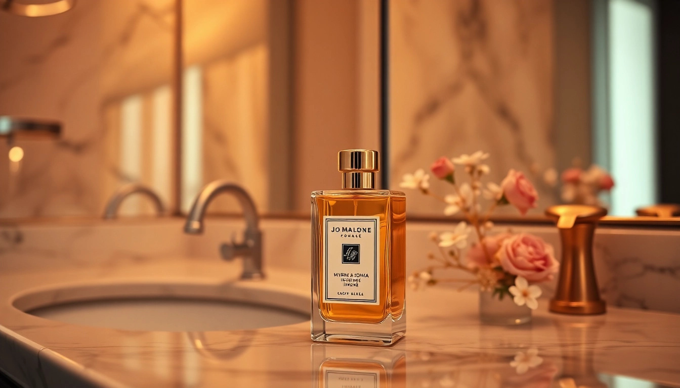 Discover Jo Malone Myrrh & Tonka Intense cologne on a marble vanity amidst elegant decor.